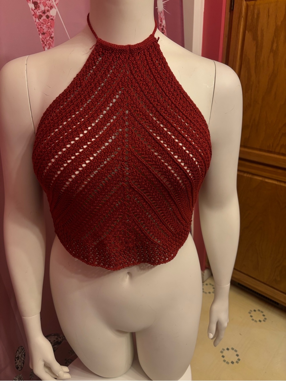 Burgundy Crocheted Halter Crop Top - Women